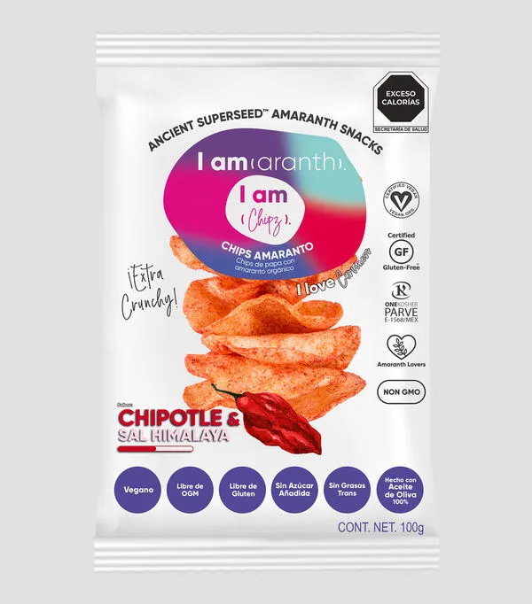 Botella de Chips con amaranto sabor chipotle y sal del Himalaya, 100 g