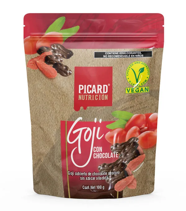Botella de Bolsa Goji cubierto de Chocolate obscuro, 100 g