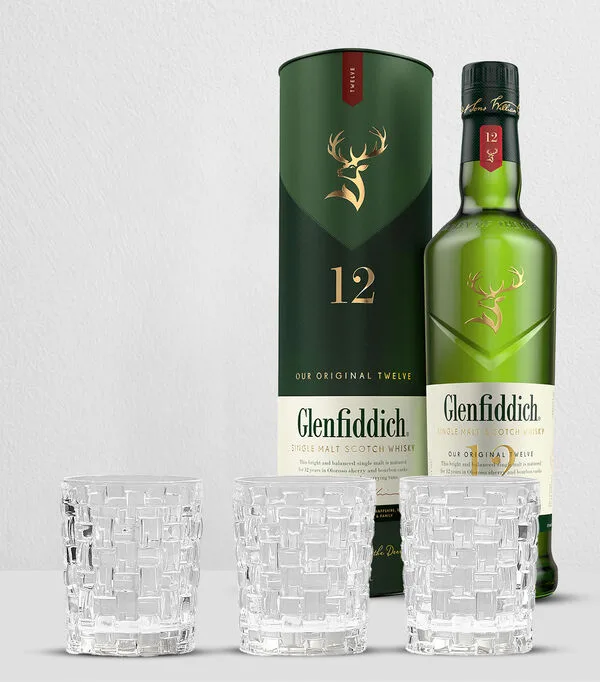Botella de Bundle Glenfiddich 12 750 ml + 4 Vasos Nachtmann Bossa Nova